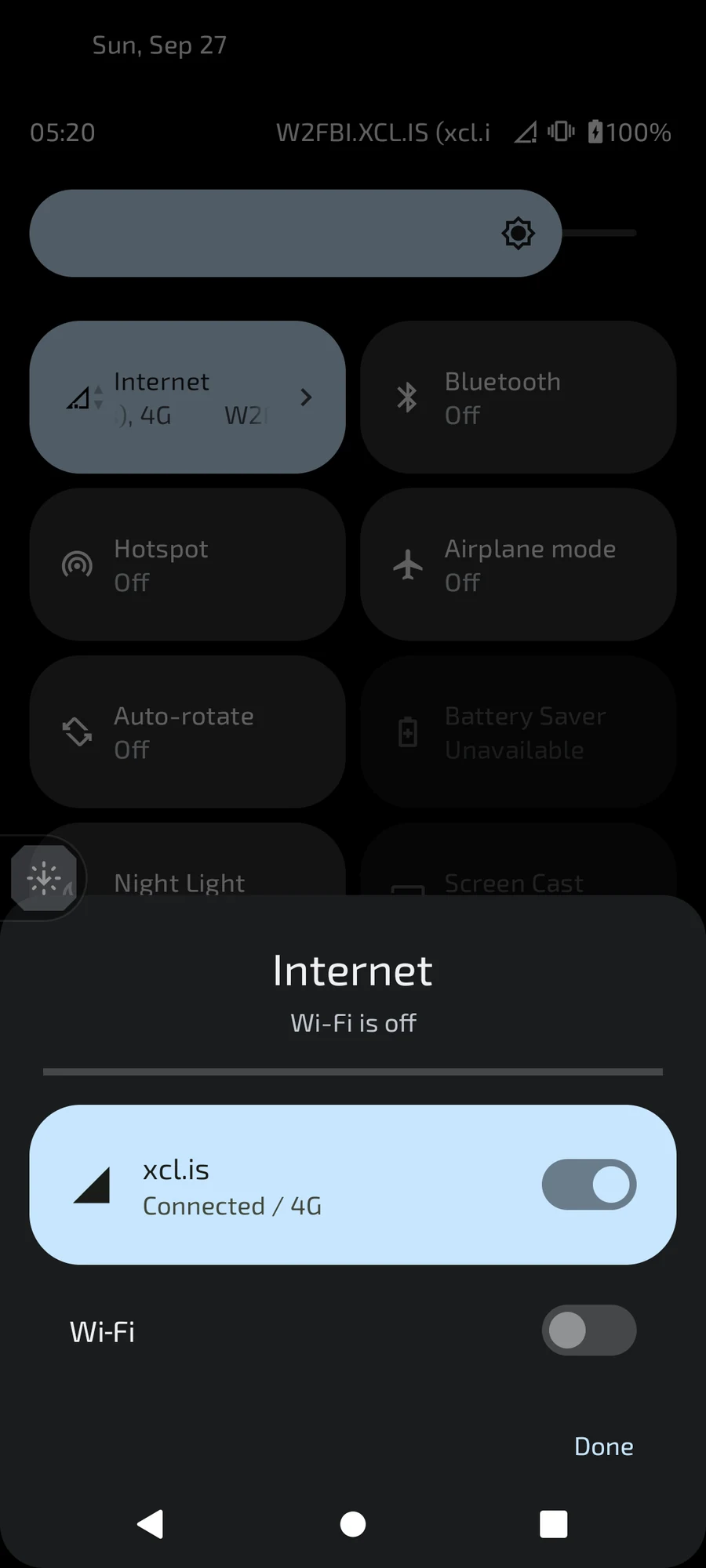 Android internet panel: xcl.is connected on 4G