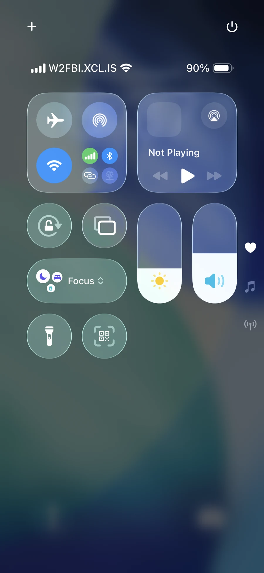 iPhone 12 mini Control Center showing W2FBI.XCL.IS