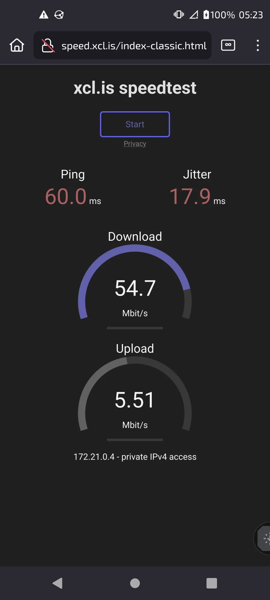 xcl.is speedtest: 54.7 Mbps down, 5.51 Mbps up