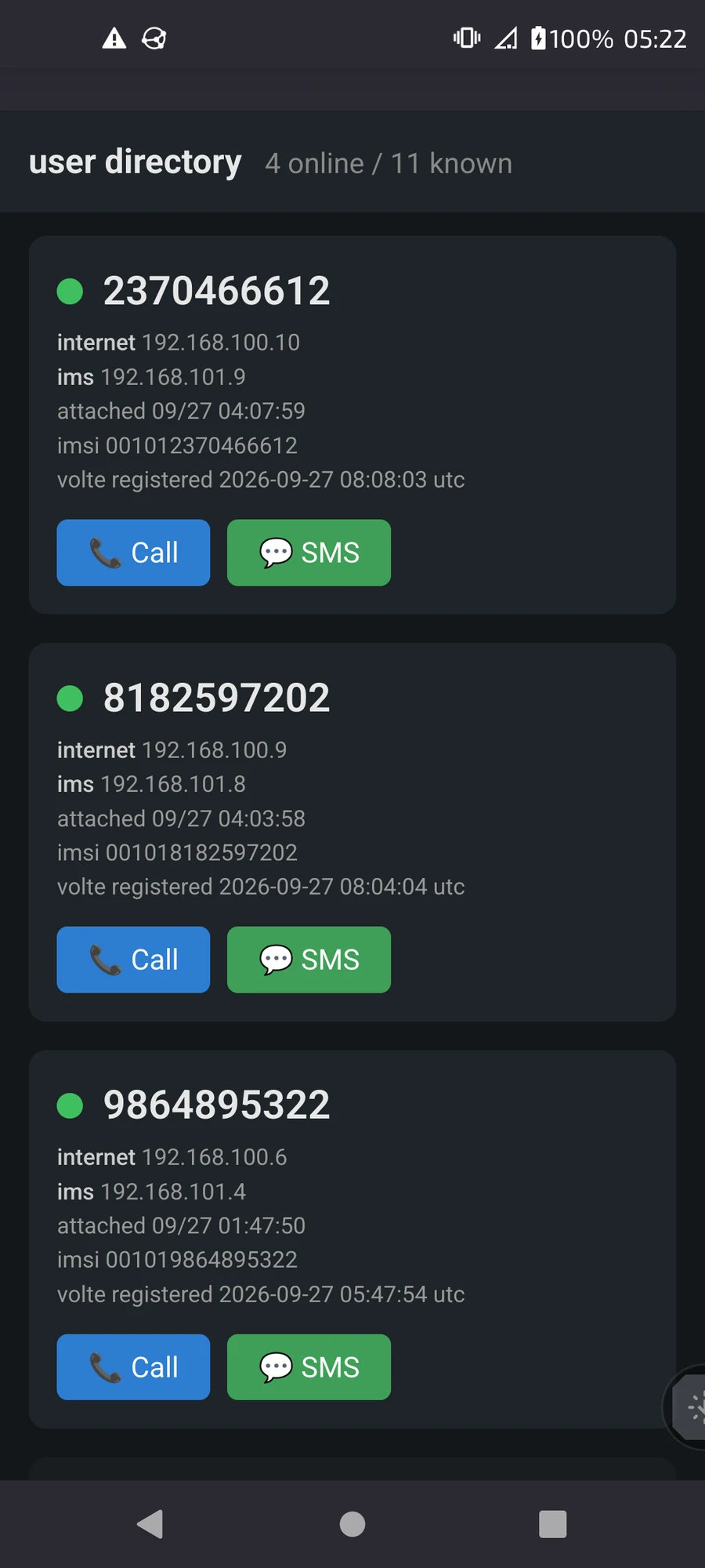 User directory showing who is online with call and SMS buttons